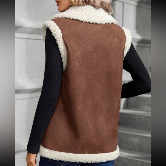 Boho color block lapel collar pockets sleeveless teddy jacket - Picture 3 of 6